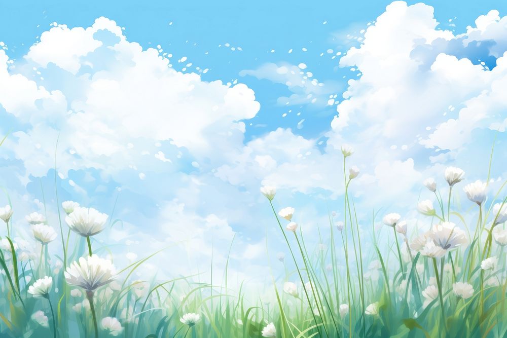 Grassy flower sky outdoors nature. AI generated Image by rawpixel.