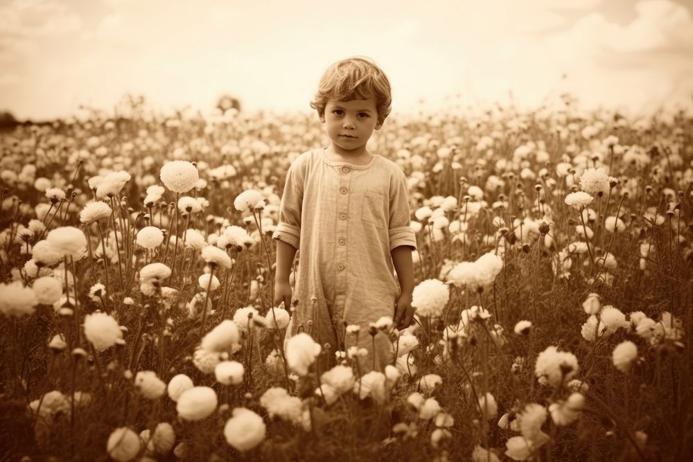 Little boy in a flower field photography outdoors portrait. AI generated Image by rawpixel.