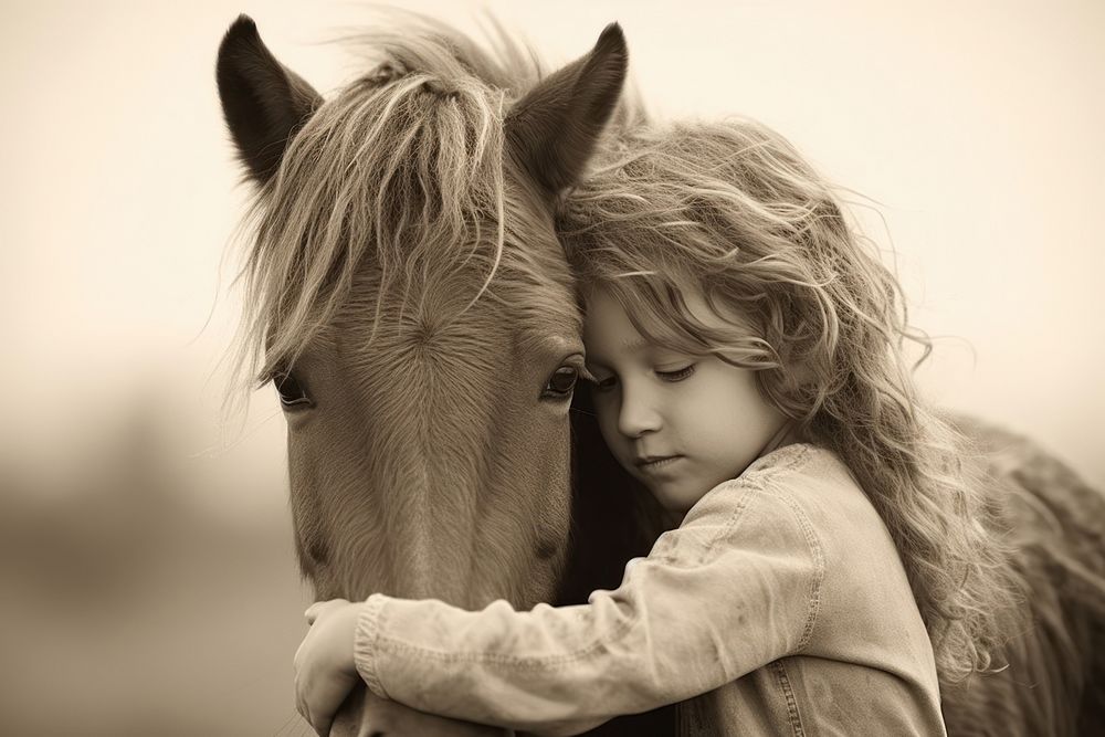 Little girl hugging horse photography portrait animal. AI generated Image by rawpixel.