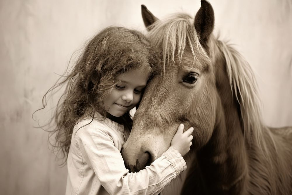 Little girl hugging horse photography portrait mammal. AI generated Image by rawpixel.