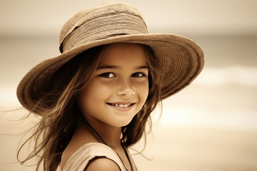 Little girl in straw hat smiling on the beach photography portrait smile. AI generated Image by rawpixel.