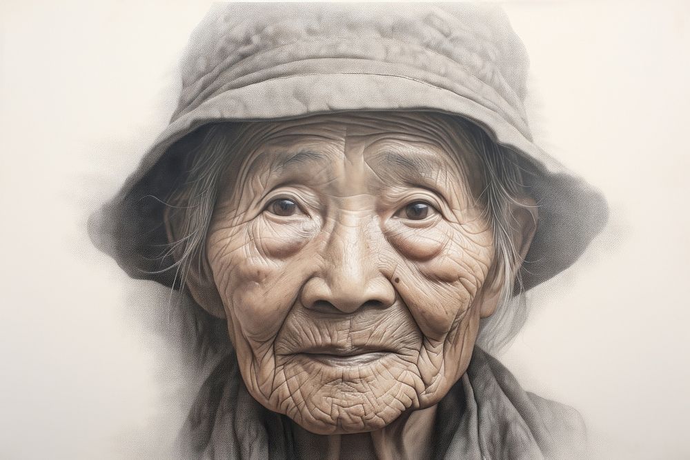 Chinese grandma face portrait drawing sketch. AI generated Image by rawpixel.