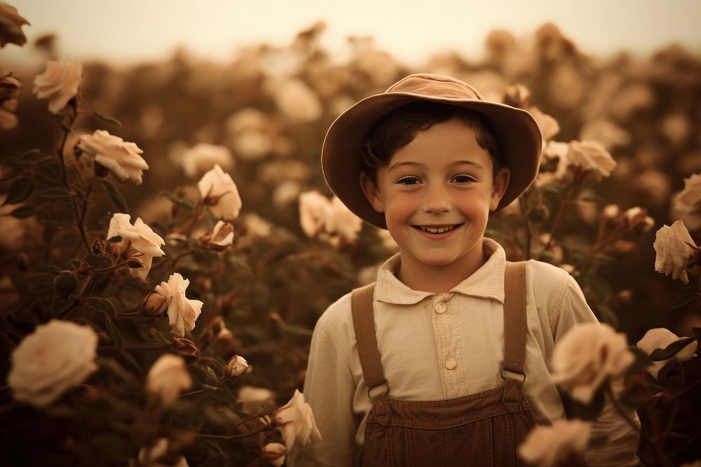 Little boy in a rose field photography portrait outdoors. AI generated Image by rawpixel.