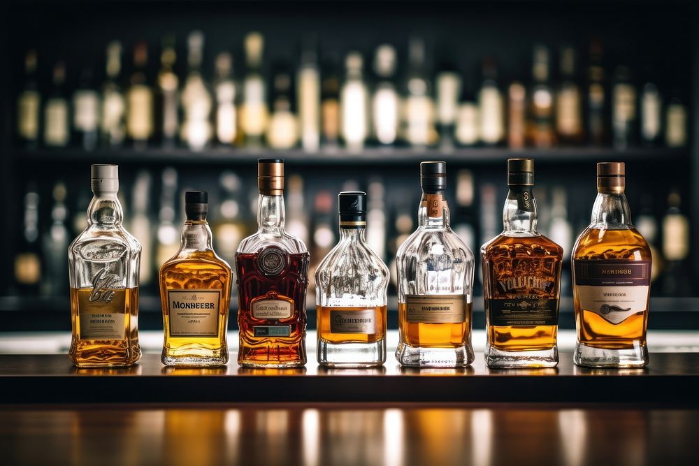 Several whiskey bottles whisky drink bar. 