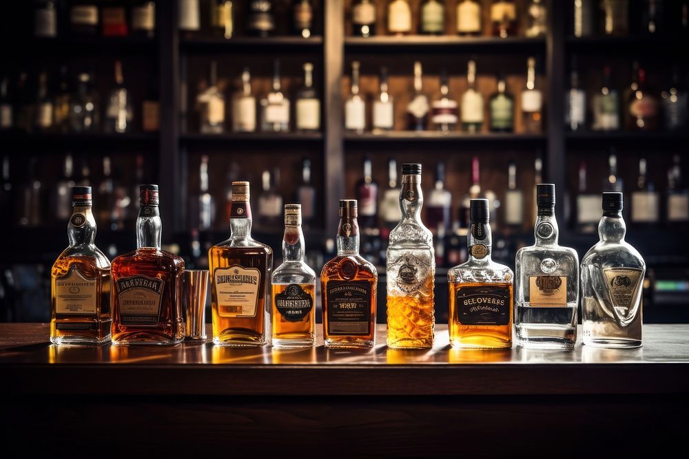 Several whiskey bottles bar whisky drink. AI generated Image by rawpixel.