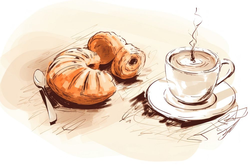Coffee and pastries drawing sketch croissant. AI generated Image by rawpixel.