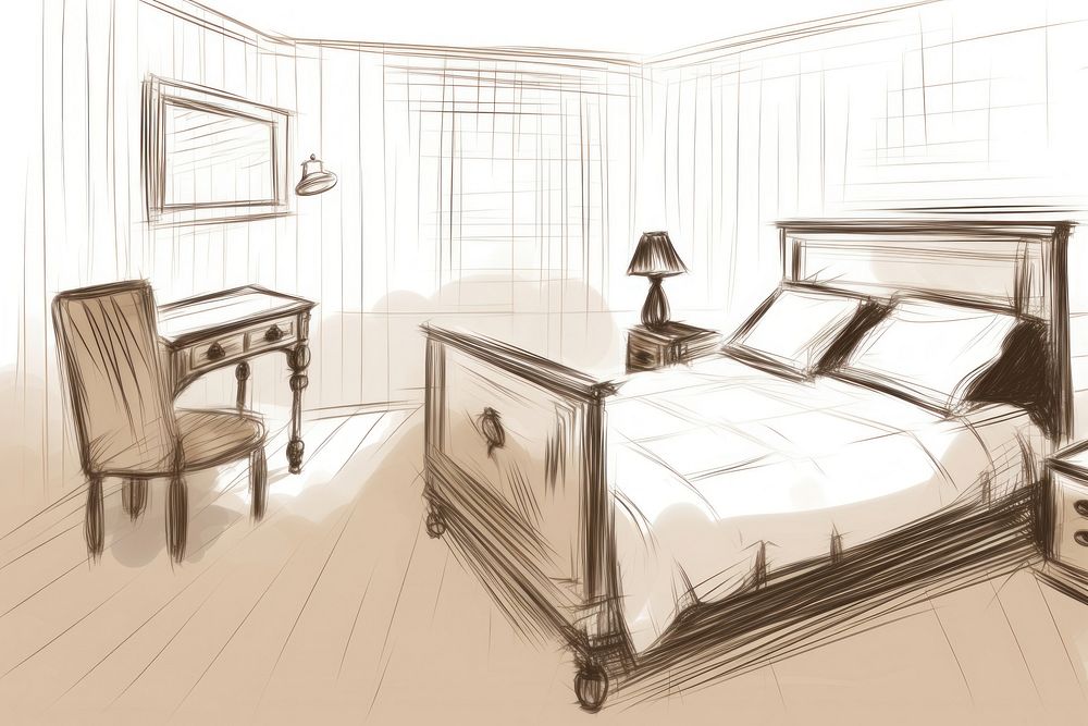 Vintage style bedroom drawing sketch furniture. AI generated Image by rawpixel.