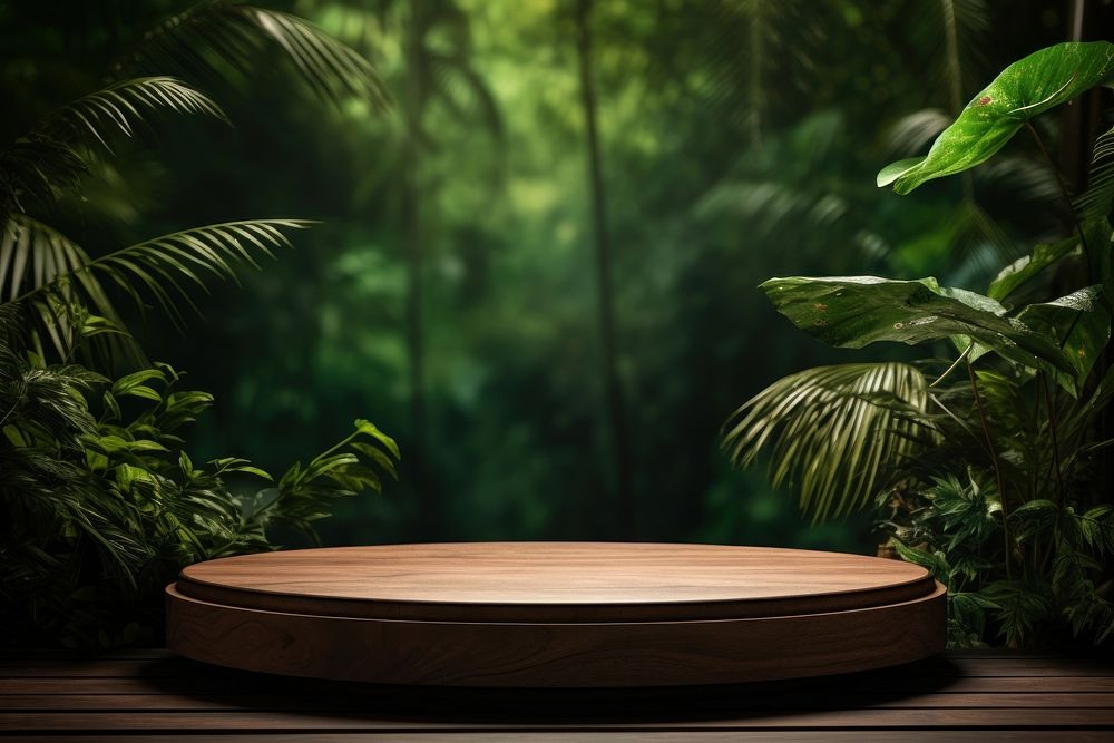 Wooden circle podium in tropical forest for product presentation and green background nature plant tree. AI generated Image…