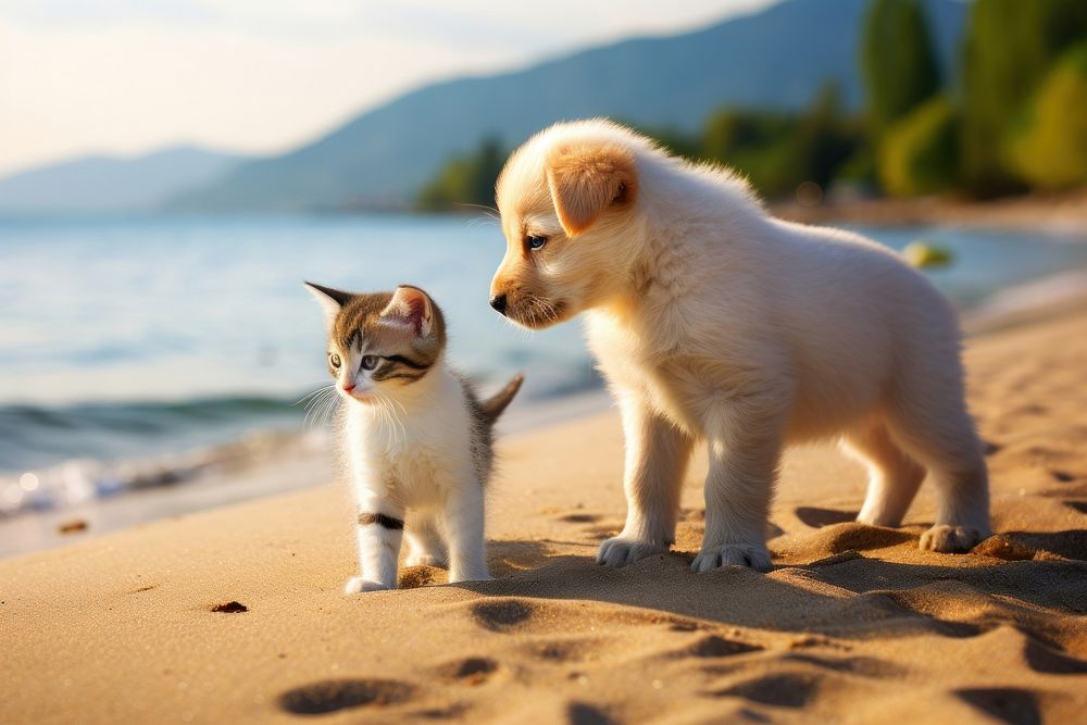 Baby cat and dog beach outdoors portrait. AI generated Image by rawpixel.