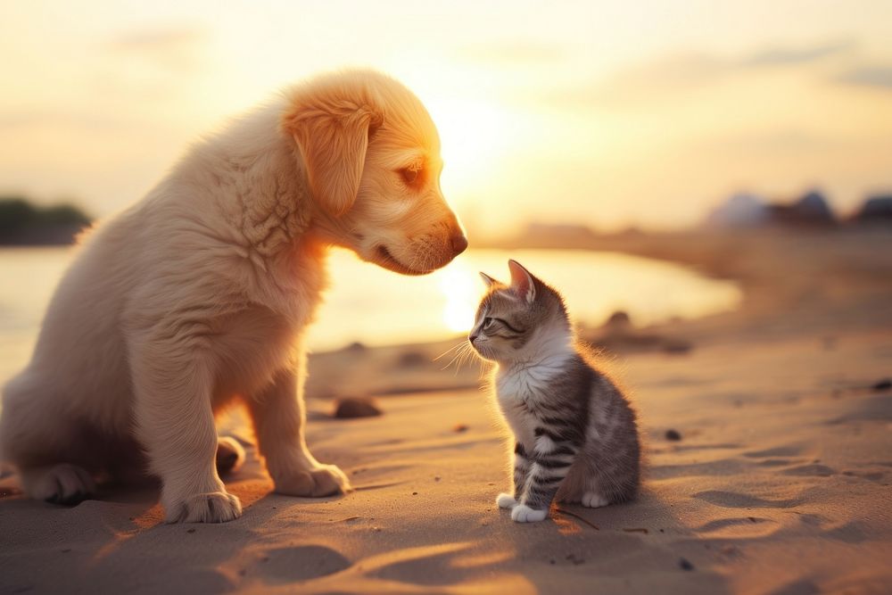 Baby cat and dog outdoors animal mammal. AI generated Image by rawpixel.