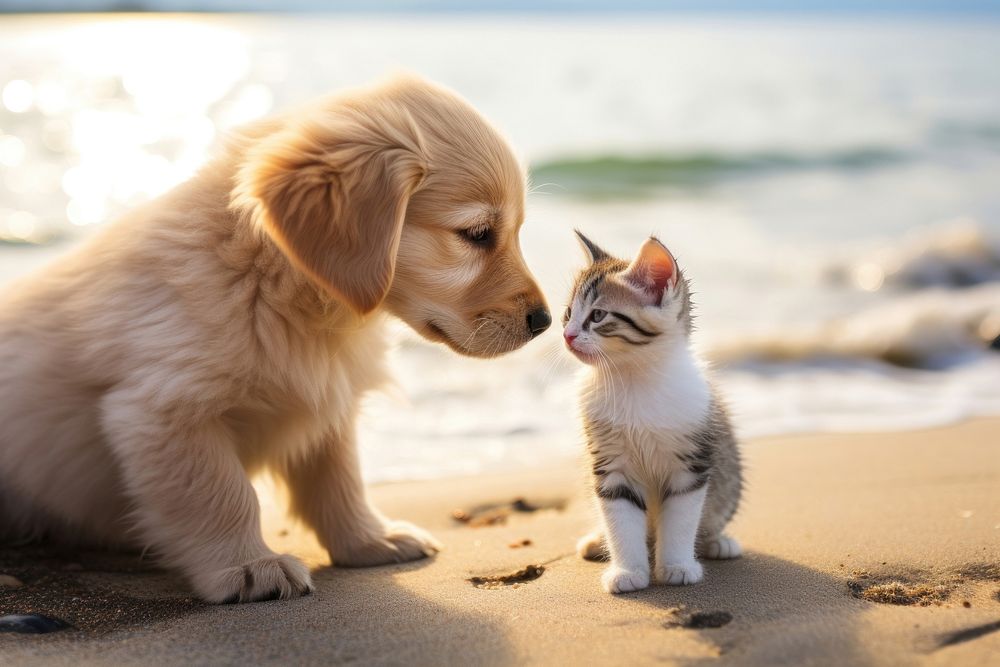 Baby cat and dog beach outdoors portrait. AI generated Image by rawpixel.