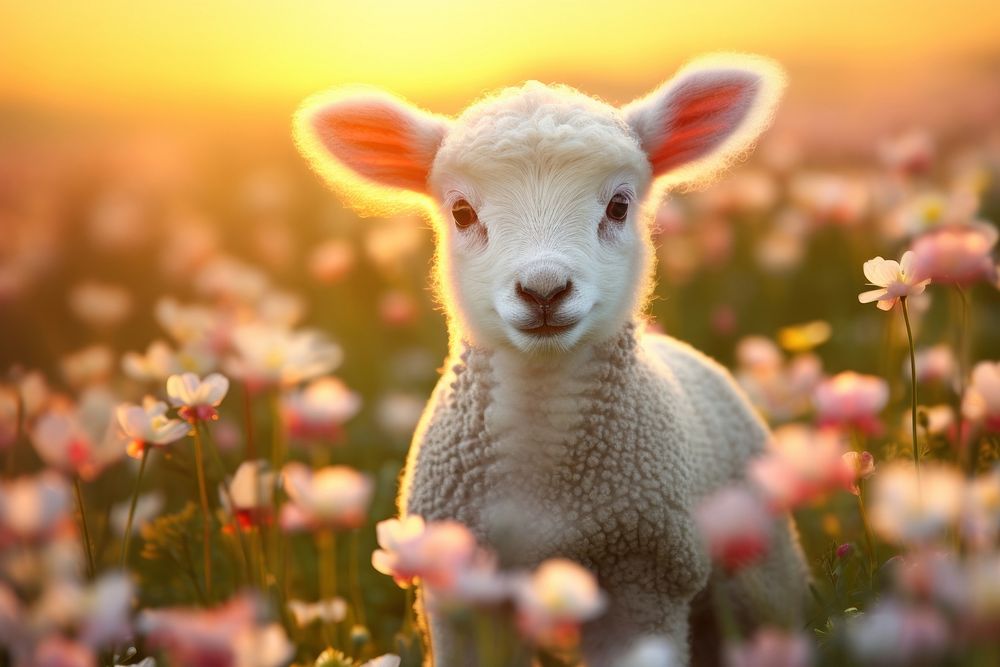 Baby spring lamb flower livestock portrait. AI generated Image by rawpixel.