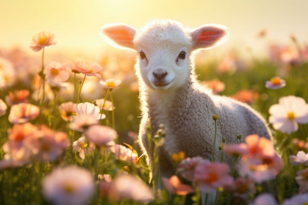 Baby spring lamb flower field grassland. AI generated Image by rawpixel.
