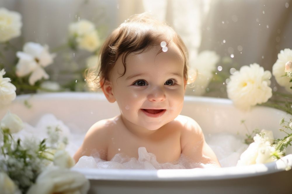 Portrait bathtub baby bathing. AI generated Image by rawpixel.
