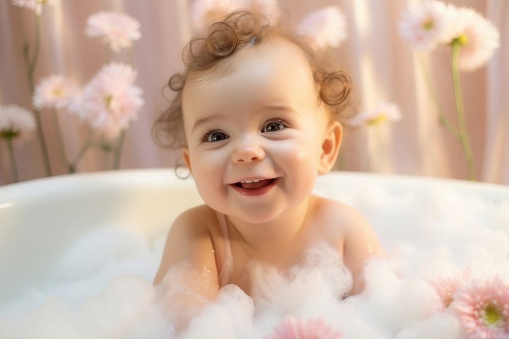 Bathtub baby portrait bathing. AI generated Image by rawpixel.