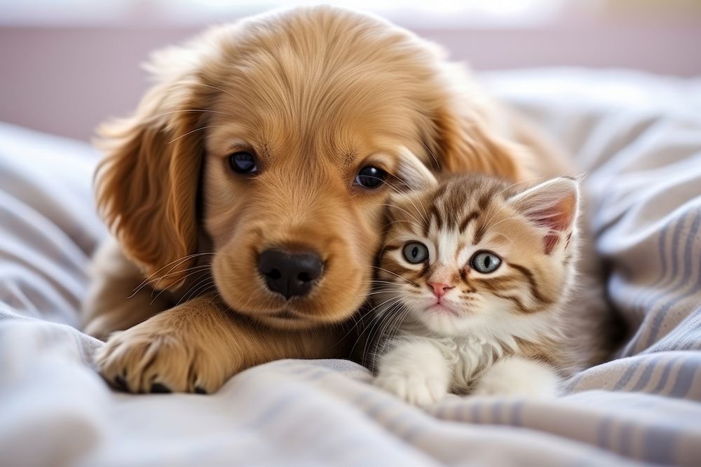 Cute baby dog hugs kitten portrait animal mammal. 