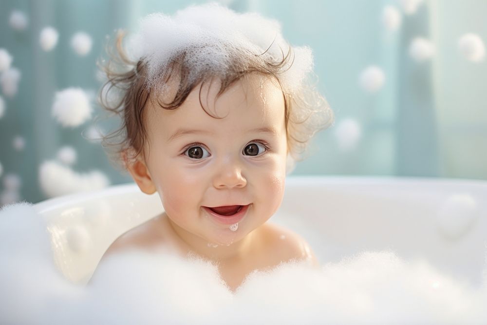 Baby portrait bathtub bathing. AI generated Image by rawpixel.
