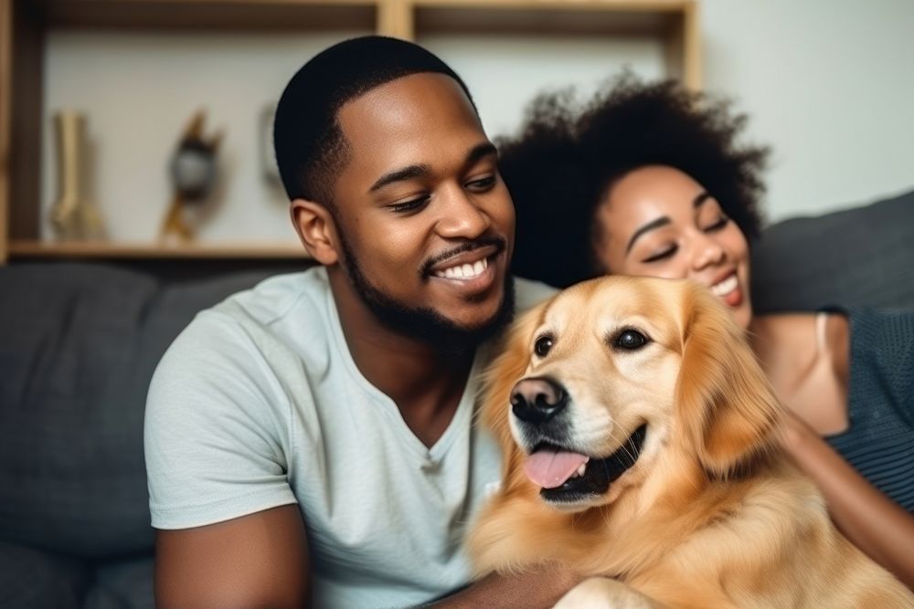 Black couple and golden retrievers portrait pet animal. AI generated Image by rawpixel.