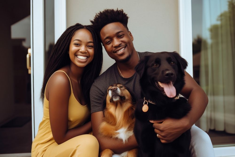 Black couple and golden retrievers portrait pet mammal. AI generated Image by rawpixel.
