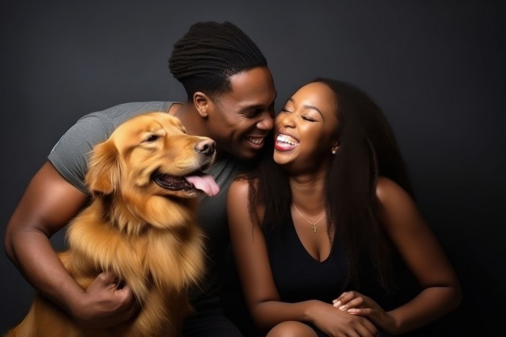 Black couple and golden retrievers portrait pet mammal. AI generated Image by rawpixel.