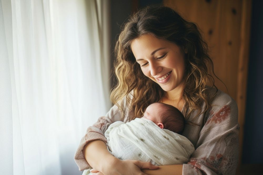 Mom holding sleeping infant portrait baby childbirth. AI generated Image by rawpixel.