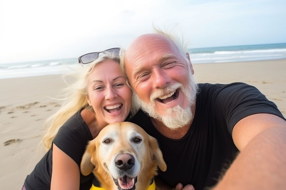 Black old couple and golden retrievers selfie portrait beach pet. AI generated Image by rawpixel.
