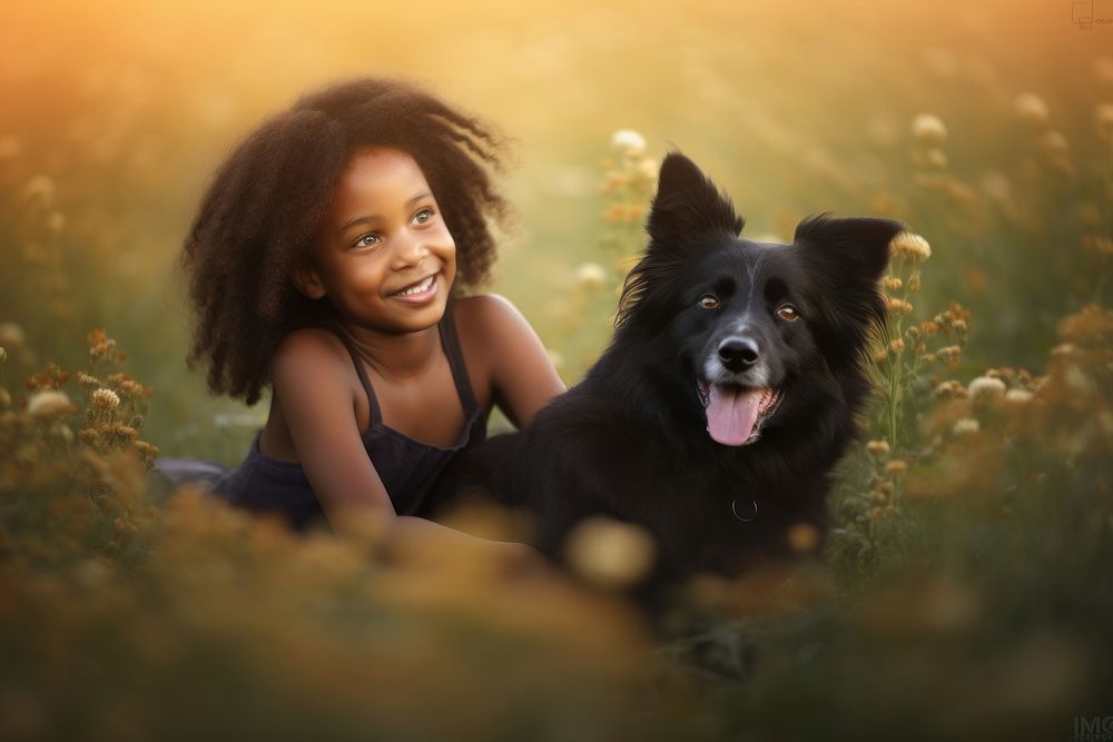 Black little girl and dog portrait pet outdoors. AI generated Image by rawpixel.