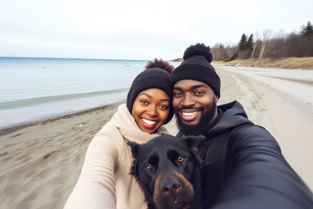 Black couple and dog selfie portrait beach pet. AI generated Image by rawpixel.