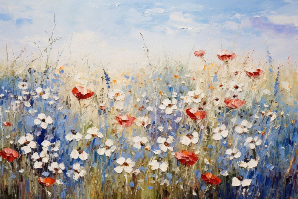 Field of wildflowers painting outdoors blossom. AI generated Image by rawpixel.