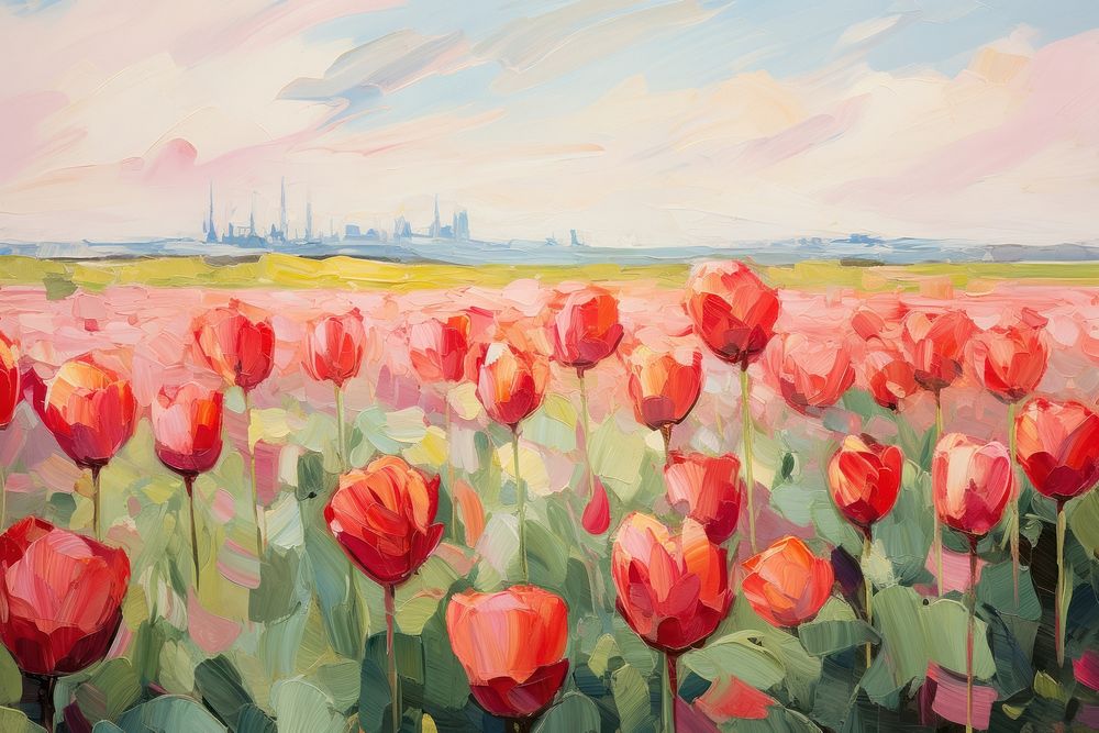 Field of tulip painting outdoors flower. AI generated Image by rawpixel.