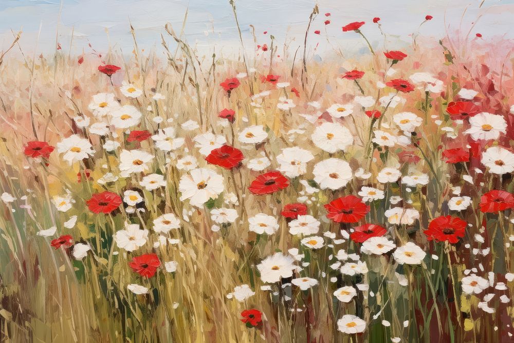 Field of wildflowers painting grassland outdoors. 