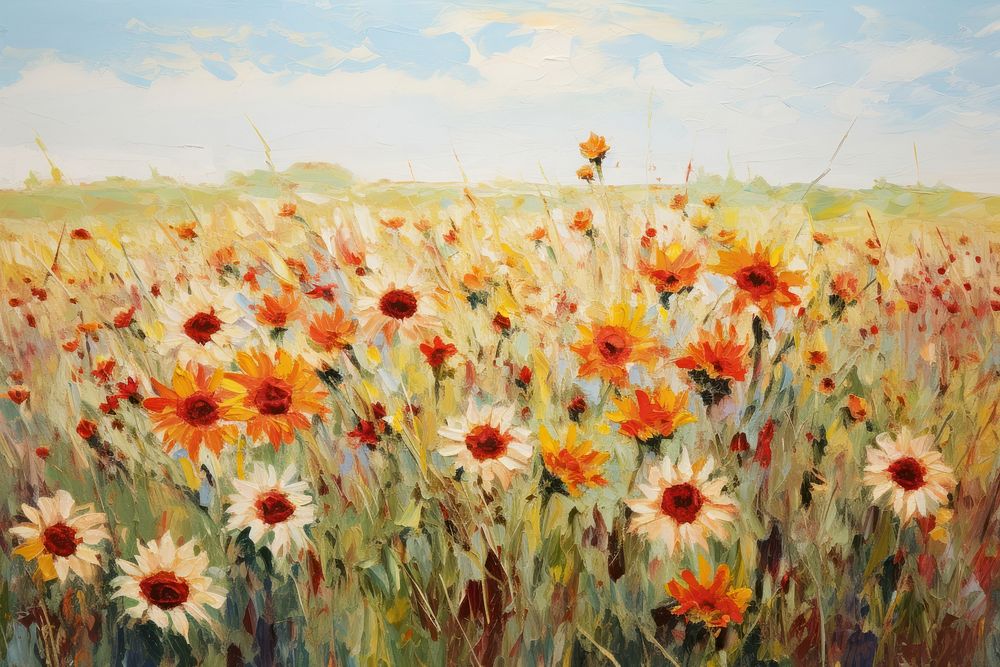 Field of wildflowers painting sunflower outdoors. AI generated Image by rawpixel.