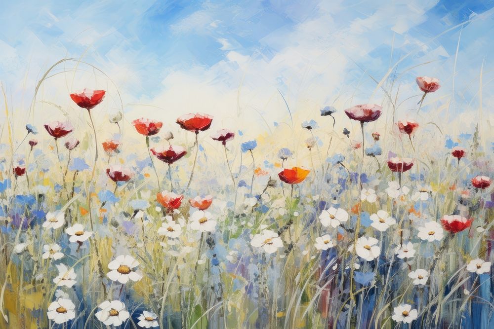 Field of wildflowers painting outdoors blossom. AI generated Image by rawpixel.