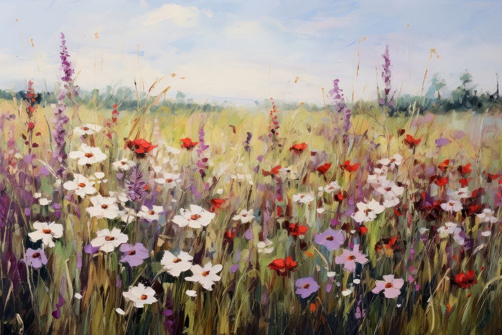 Field of wildflowers painting purple grassland. 