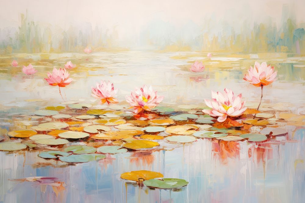 Pond of lotus painting outdoors nature. 