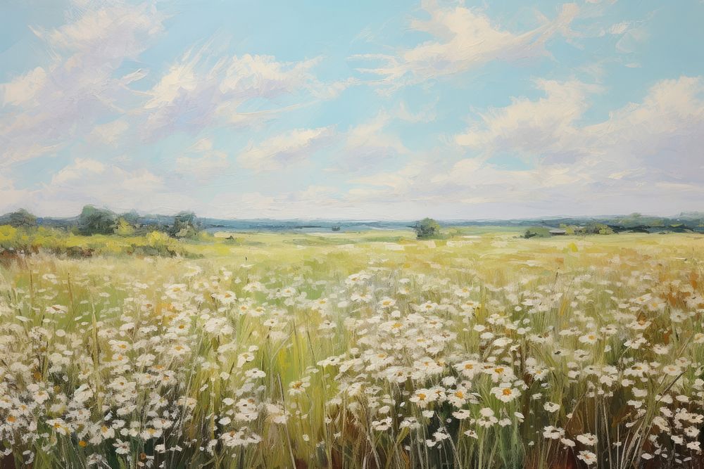 Field of white flowers landscape painting grassland. 
