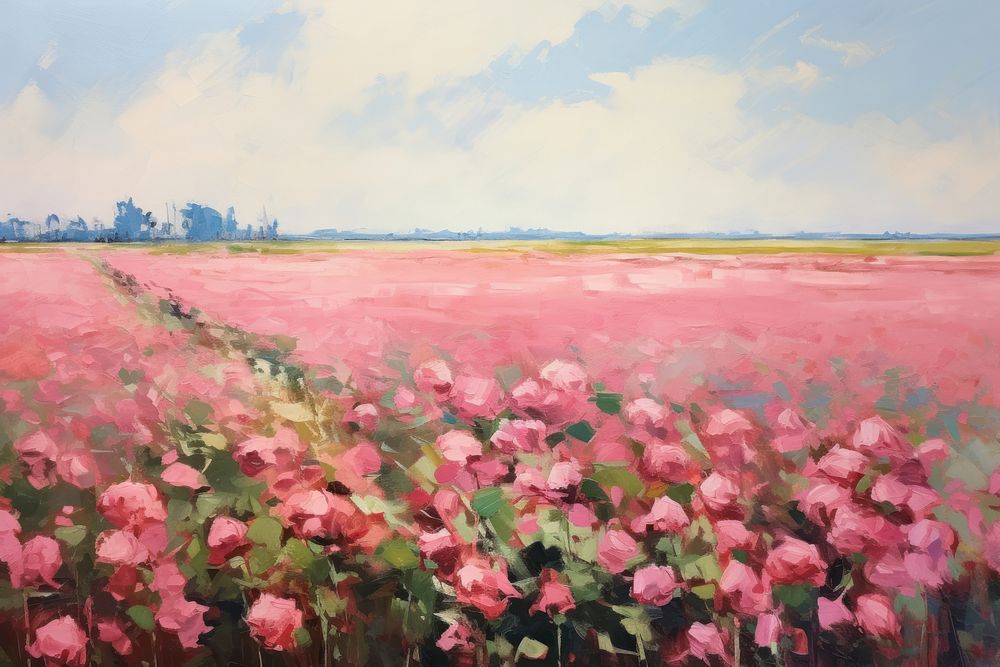 Field of rose painting landscape outdoors. AI generated Image by rawpixel.