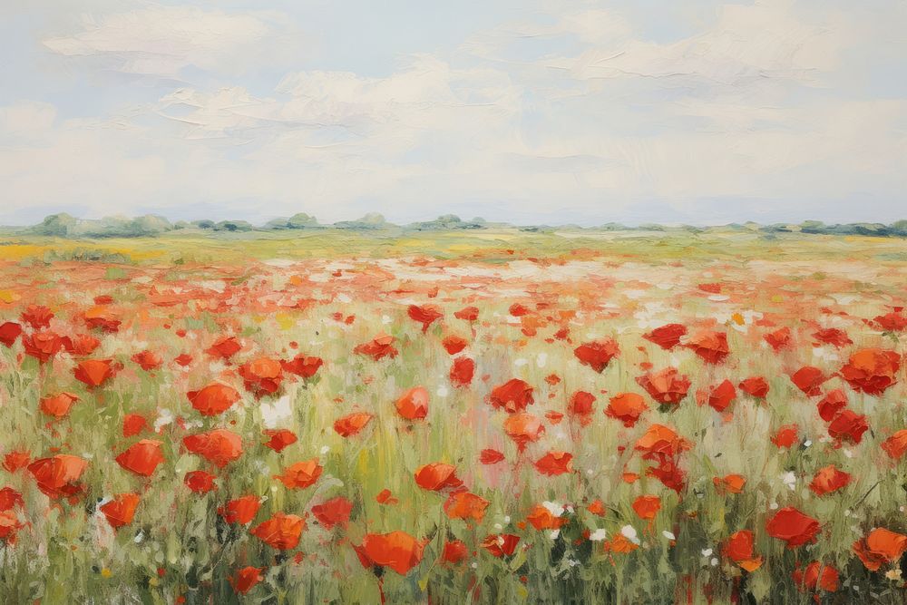 Field of red flowers painting grassland landscape. AI generated Image by rawpixel.