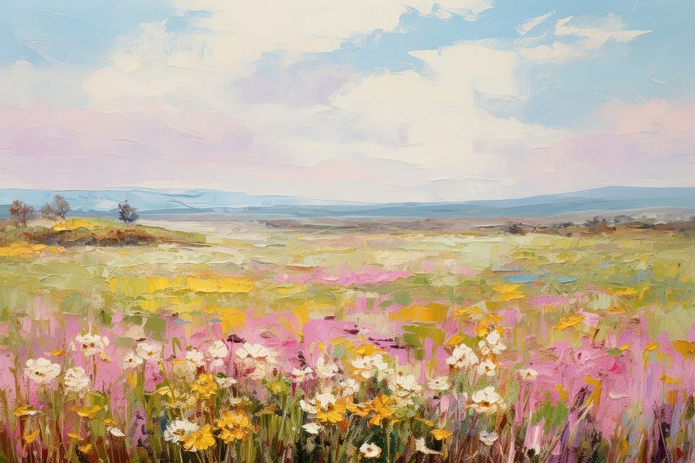Field of spring flowers painting landscape grassland. 