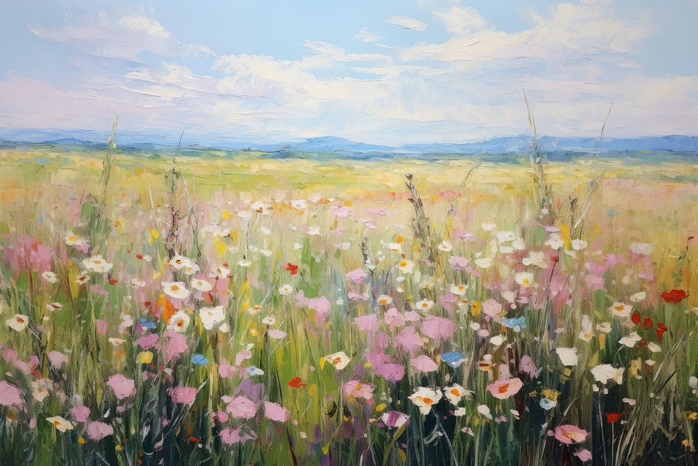 Field of spring flowers painting grassland landscape. 