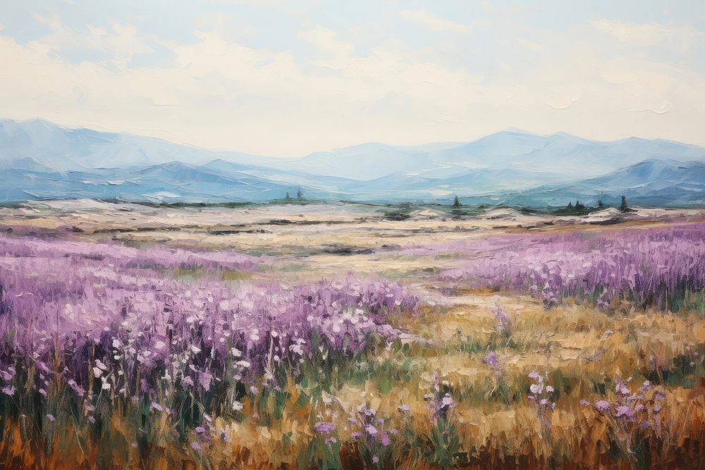 Field of purple flowers landscape painting grassland. 