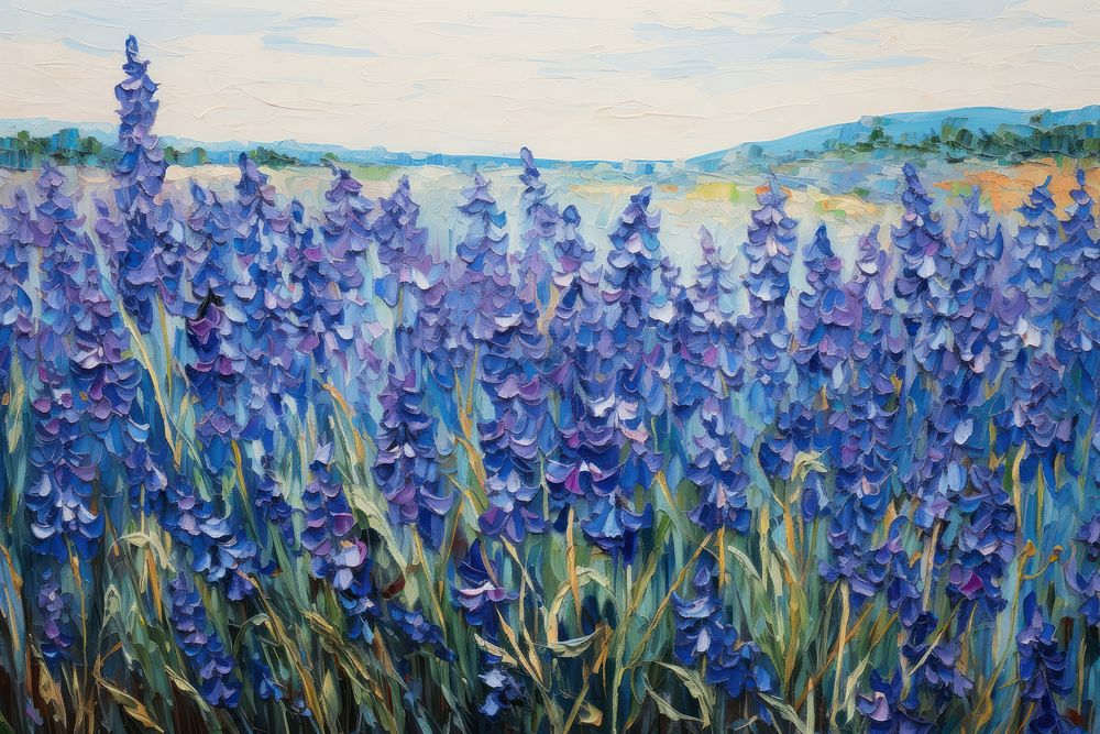 Field of blue flowers painting landscape lavender. 