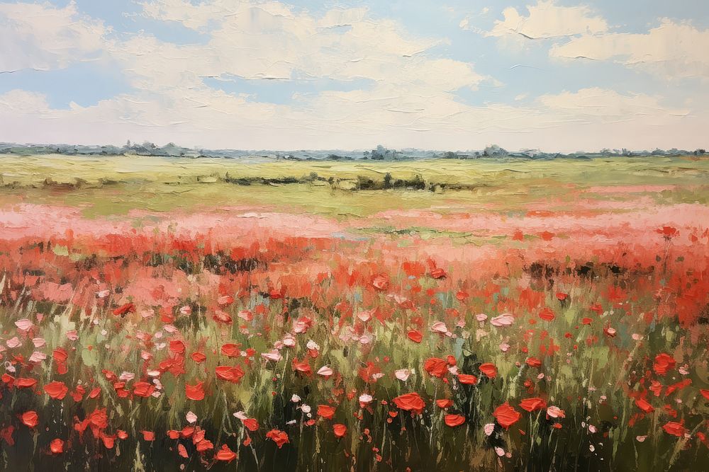 Field of red flowers landscape painting grassland. 