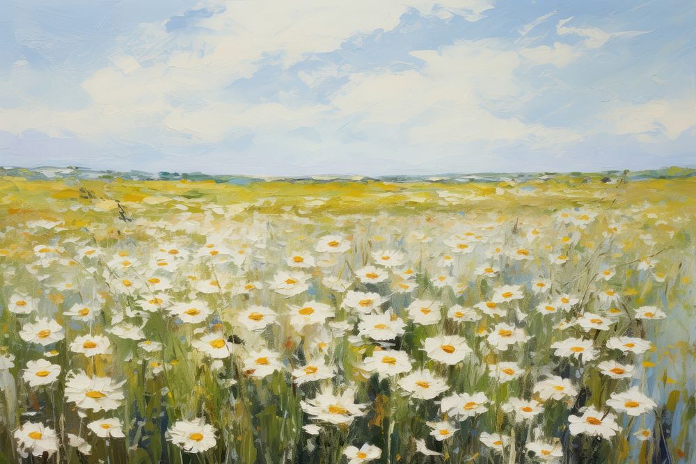 Field of daisy painting grassland landscape. 