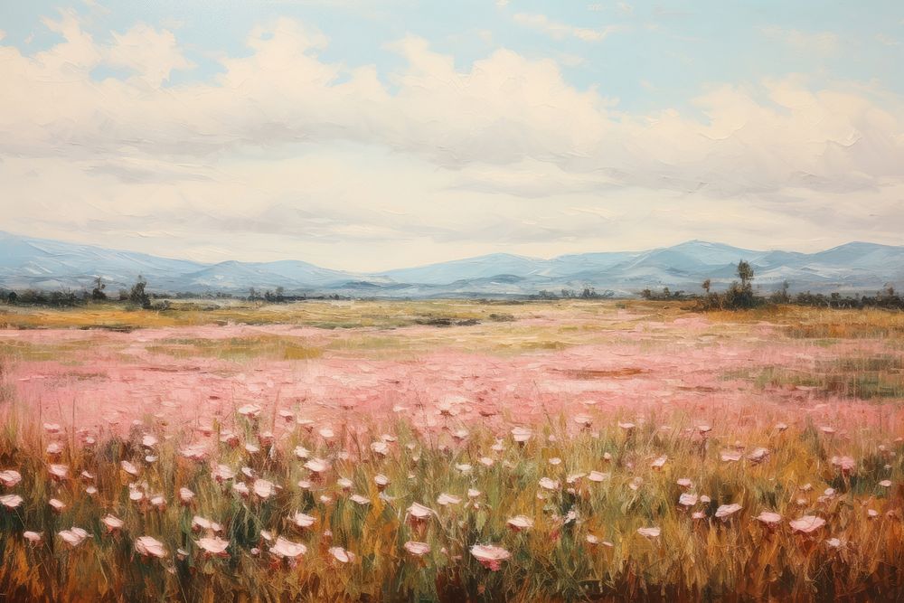 Field of rose landscape painting grassland. 