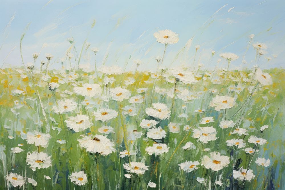 Field of white flowers painting grassland landscape. 