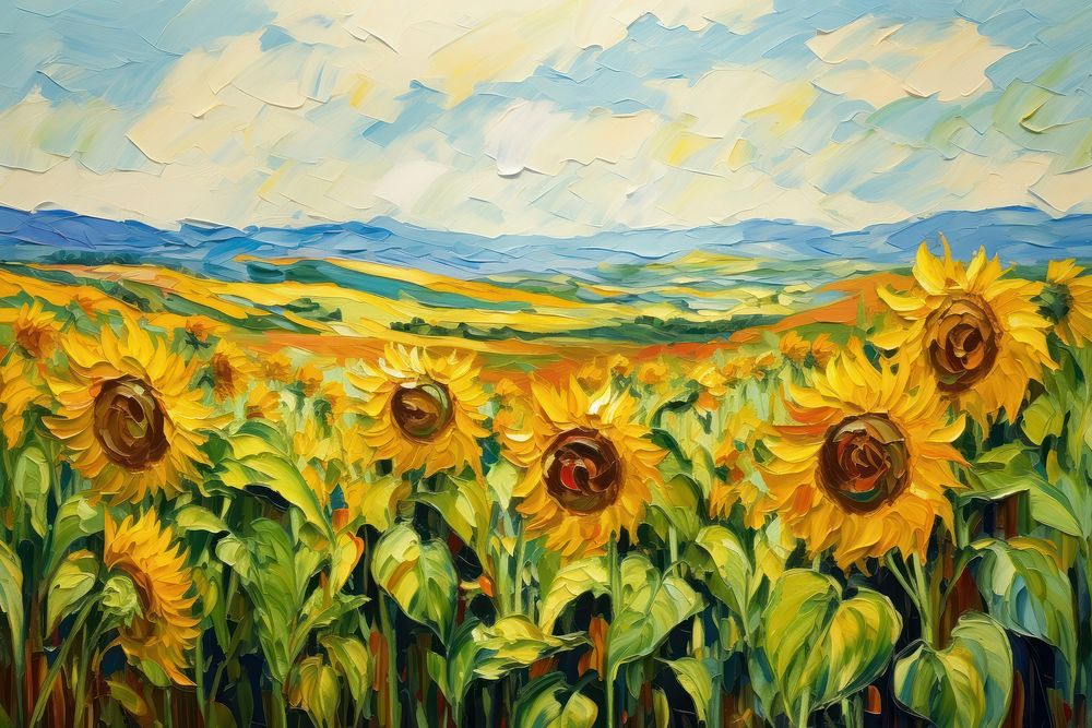 Field of sunflower painting landscape outdoors. AI generated Image by rawpixel.