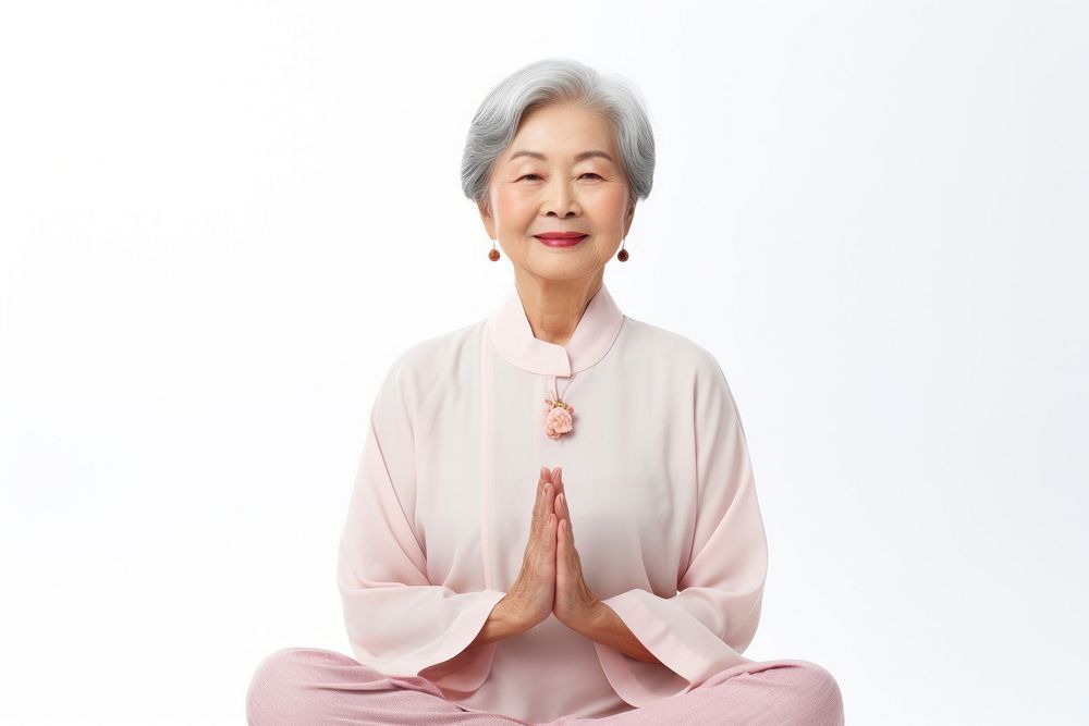 Asian senior woman yoga adult white background. AI generated Image by rawpixel.