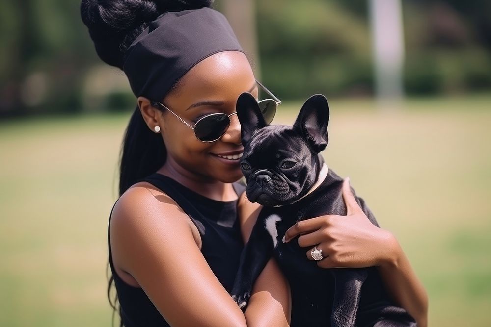 Black woman with a little puppy french bulldog pet portrait glasses. AI generated Image by rawpixel.