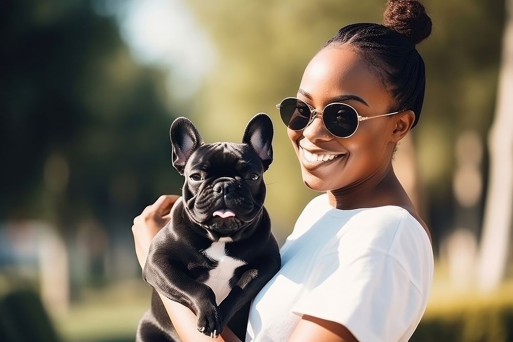 Black woman with a little puppy french bulldog pet glasses mammal. AI generated Image by rawpixel.